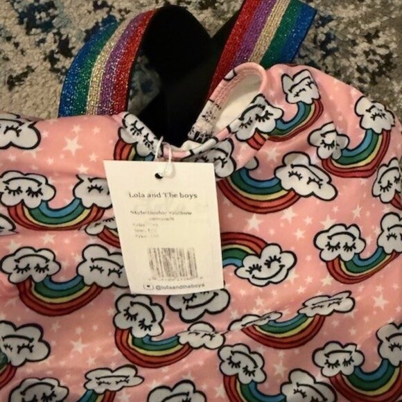 NEW NWT LOLA + THE BOYS RAINBOW BATHING SUIT GLITTER RAINBOW STRAPS SIZE 12 - Picture 2 of 3